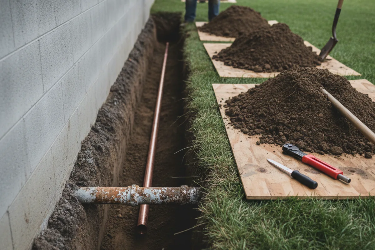 Excavated water line trench during Water Softener Installation in Terrebonne